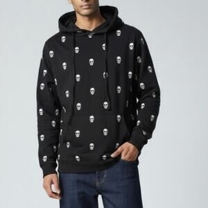 Denim & Flower Black Skull Print Long Sleeve Hooded Sweatshirt Men's Size S NWOT